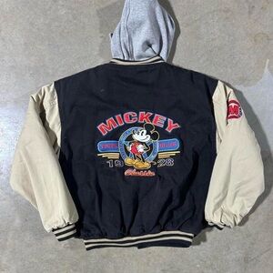 RARE Vintage 90s Disney Mickey Mouse Embroidered Black Denim Varsity Jacket